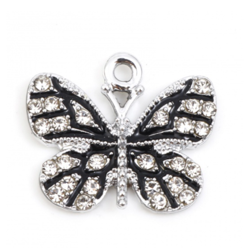1 pendentif papillon - strass - métal argenté - r183