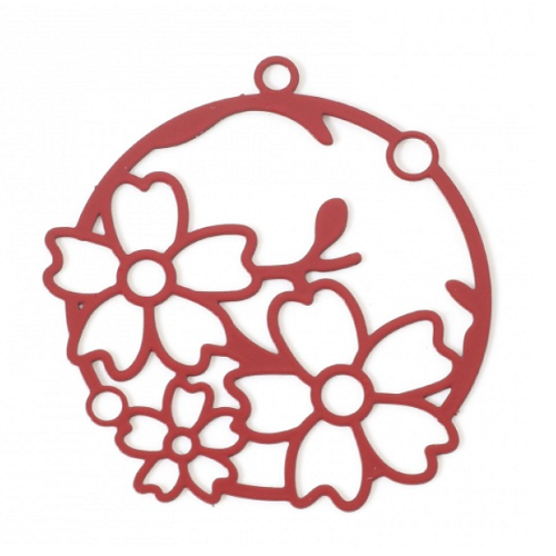 1 pendentif breloque fleurs estampe ronde - rouge - filigrane - laser cut