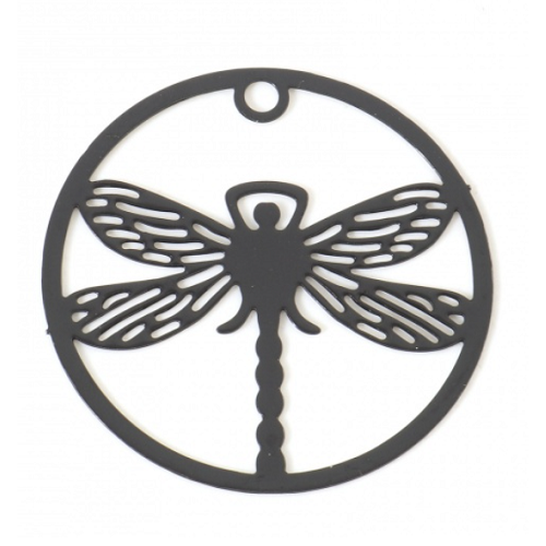 1 pendentif breloque libellule estampe ronde - noir - filigrane - laser cut