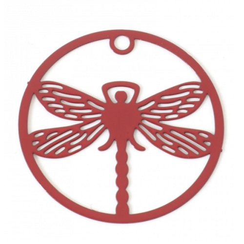 1 pendentif breloque libellule estampe ronde - rouge - filigrane - laser cut