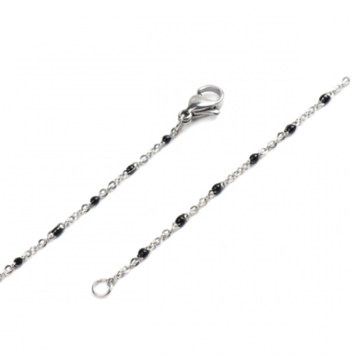 1 collier chaîne fine maille forçat - perle noire - acier inoxydable 304 -  couleur métal argenté - 45 cm - r861