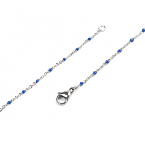 1 collier chaîne fine maille forçat - perle bleu roi - acier inoxydable 304 -  couleur métal argenté - 45 cm - r860
