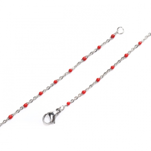 1 collier chaîne fine maille forçat - perle rouge - acier inoxydable 304 -  couleur métal argenté - 45 cm - r857
