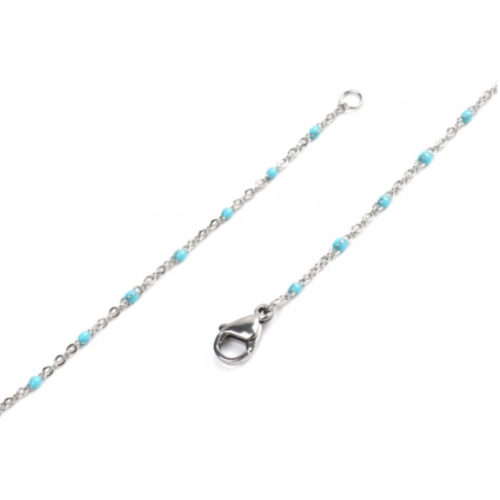 1 collier chaîne fine maille forçat - perle bleu ciel - acier inoxydable 304 -  couleur métal argenté - 45 cm - r858