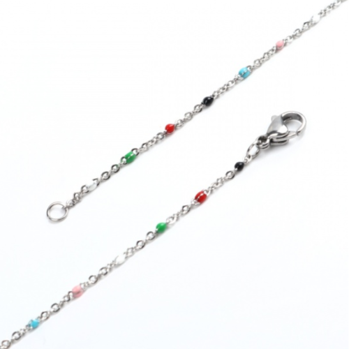 1 collier chaîne fine maille forçat - perle multicolore - acier inoxydable 304 -  couleur métal argenté - 45 cm - r862
