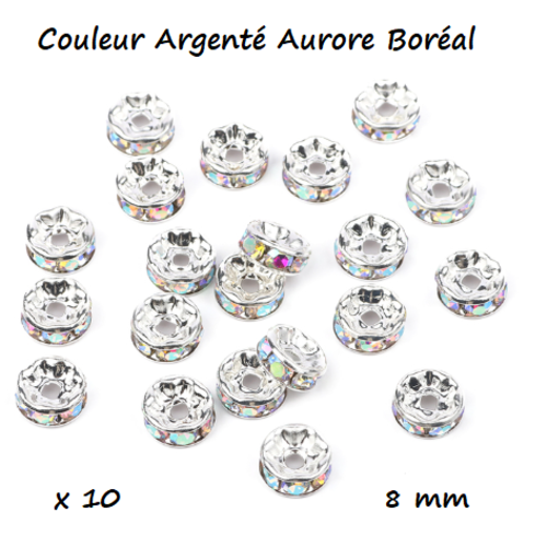 Lot de 10 perles intercalaires strass effet cristal - couleur argenté - 8 mm