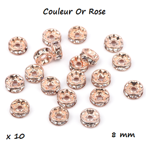Lot de 10 perles intercalaires strass effet cristal - couleur or rose - 8 mm