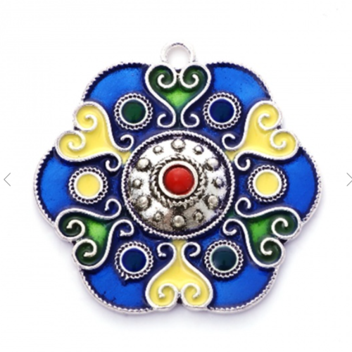 1 pendentif fleur - coeur emaillé - style ethnique - bohème - métal argenté - r398