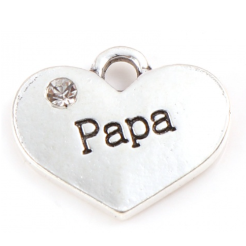 1 breloque coeur papa - strass - argent vieilli - r020