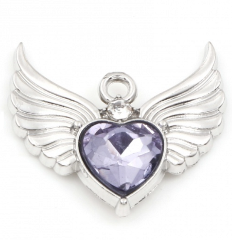 1  pendentif coeur - aile - parme - métal argenté - r424