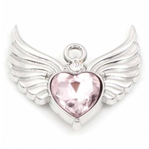 1  pendentif coeur - aile - rose - métal argenté - r425