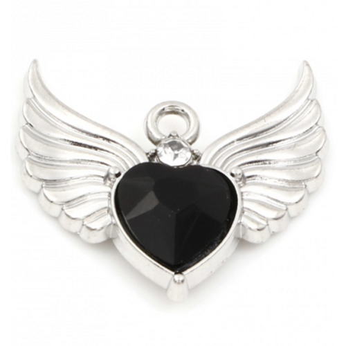 1  pendentif coeur - aile - noir - métal argenté - r426