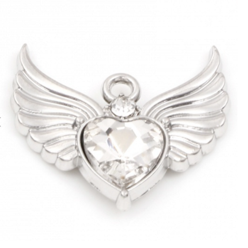1  pendentif coeur - aile - blanc - métal argenté - r427