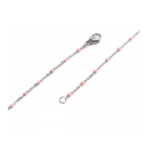 1 collier chaîne fine maille forçat - perle rose - acier inoxydable 304 -  couleur métal argenté - 45 cm - r859