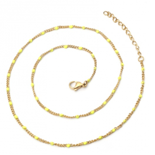 1 collier chaîne maillon cubain - perle jaune - 304 acier inoxydable doré - 45 cm - r158