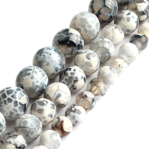 Lot de 10 perles rondes agate veine de dragon - noir et blanc - p1140b