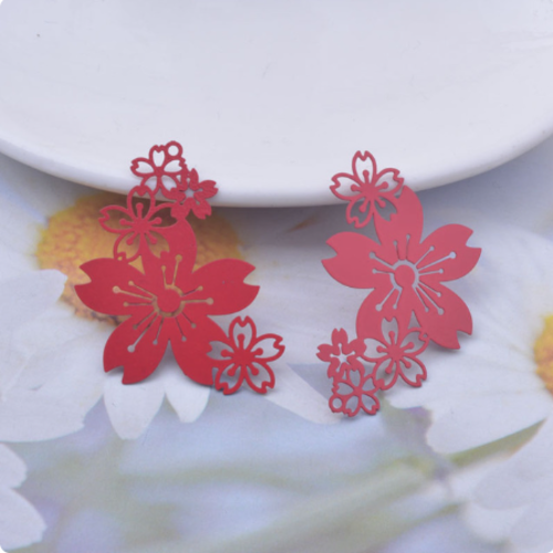 1 pendentif connecteur breloque fleurs hibiscus - estampe - filigrane - laser cut - rouge