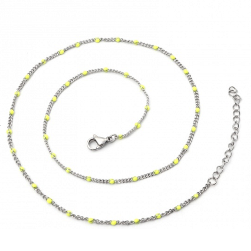 1 collier chaîne fine maillon cubain - perle jaune - acier inoxydable 304 -  couleur métal argenté - 45 cm - r169