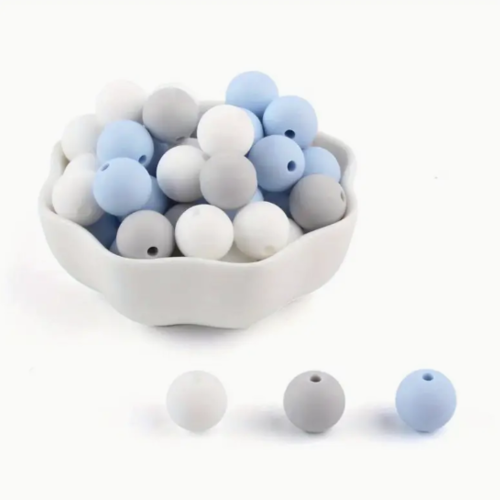 Lot de 3 perles en silicones - 12 mm - bleu - gris - blanc - r919