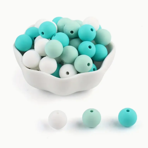 Lot de 3 perles en silicones - 12 mm - vert - turquoise - blanc - r272