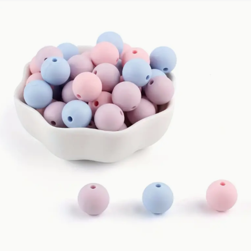 Lot de 3 perles en silicones - 12 mm - rose - parme - bleu - r990