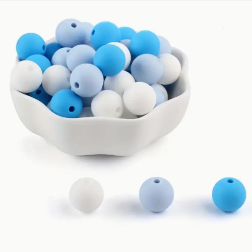 Lot de 3 perles en silicones - 12 mm - turquoise - blanc - bleu - r566