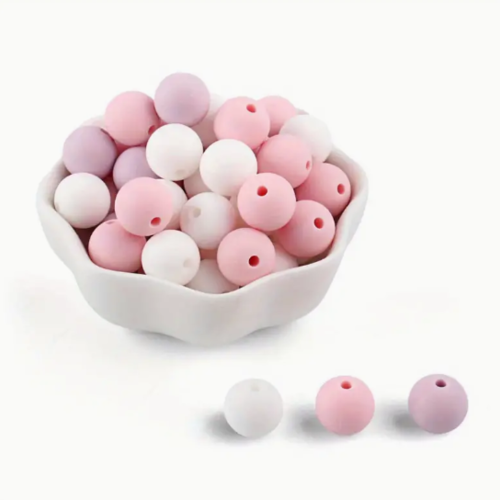 Lot de 3 perles en silicones - 12 mm - rose - parme - blanc - r980