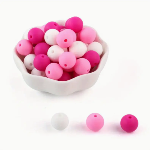 Lot de 3 perles en silicones - 12 mm - rose - fuchsia - blanc - r448