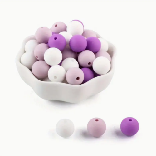 Lot de 3 perles en silicones - 12 mm - violet - parme - blanc - r968