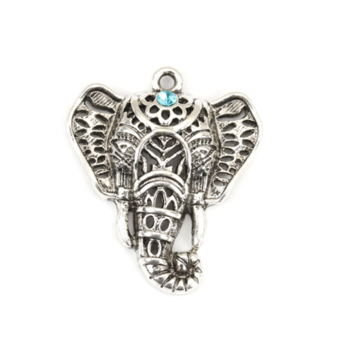 1 breloque - pendentif eléphant - argent vieilli - strass bleu - r762