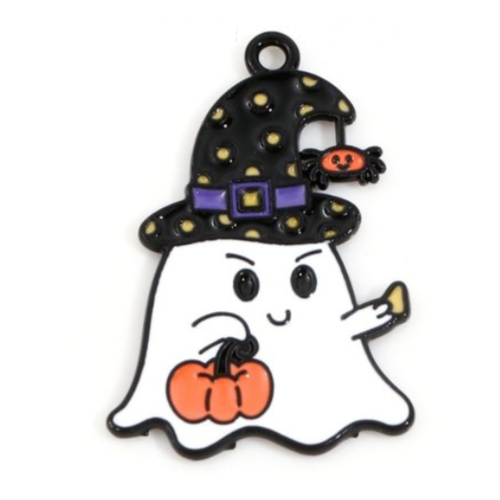 1 breloque - pendentif - halloween - fantôme émaillé blanc et chapeau de sorcier avec araignée et citrouille sur métal noir