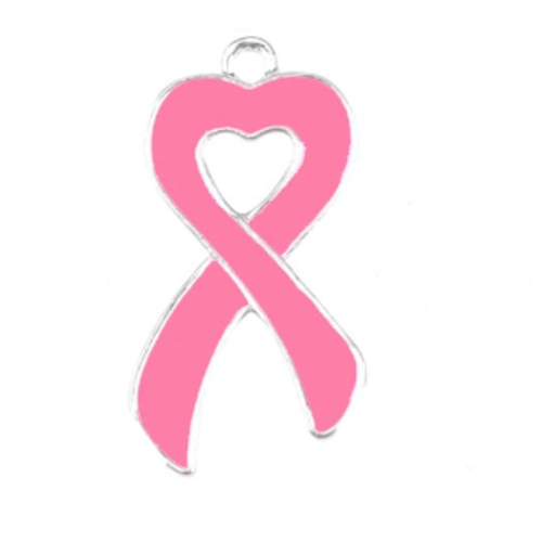 Breloque - pendentif ruban symbole octobre rose - email - métal couleur argenté