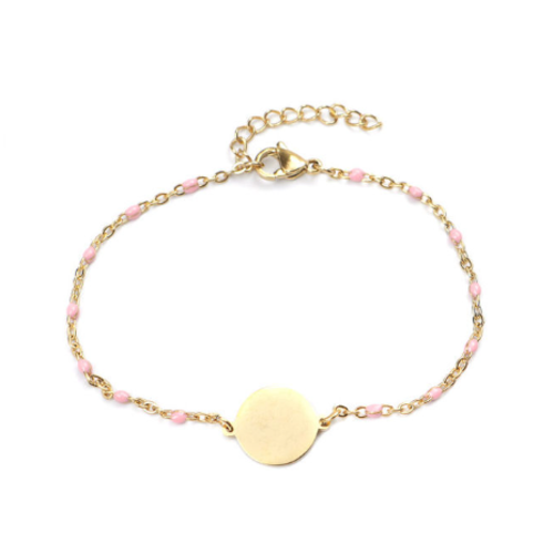 1 bracelet en acier inoxydable - perle rose en résine -  médaillon 12 mm - couleur métal doré - r592