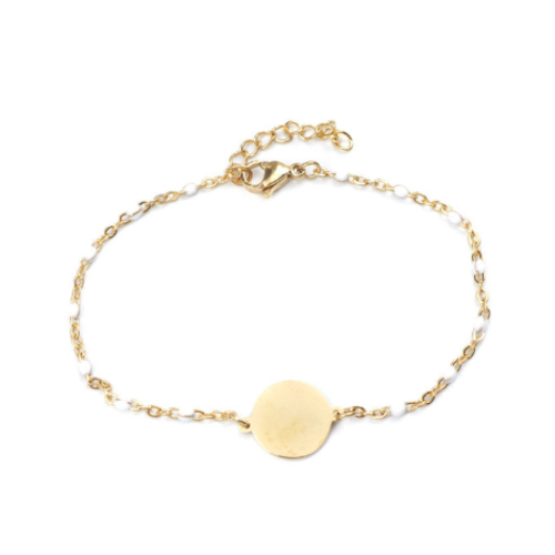 1 bracelet en acier inoxydable - perle blanche en résine -  médaillon 12 mm - couleur métal doré - r593