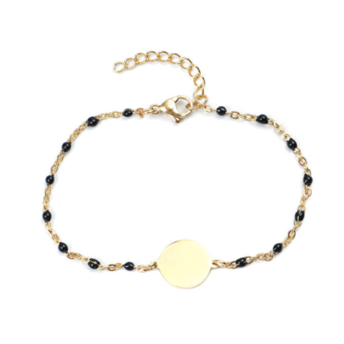 1 bracelet en acier inoxydable - perle noire en résine -  médaillon 12 mm - couleur métal doré - r590