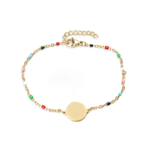 1 bracelet en acier inoxydable - perle multicolore en résine -  médaillon 12 mm - couleur métal doré - r595