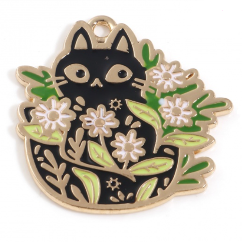 1 breloque - pendentif - chat noir - emaillé - métal doré - r656