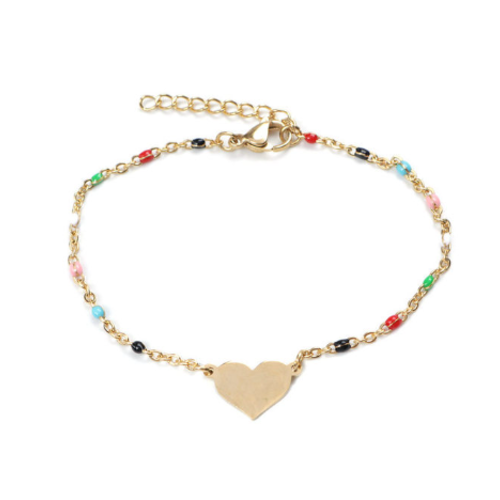 1 bracelet en acier inoxydable - perle multicolore en résine -  coeur 12 mm - couleur métal doré - r581
