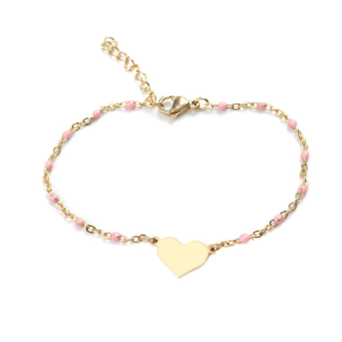 1 bracelet en acier inoxydable - perle rose en résine - médaillon coeur 12 mm - couleur métal doré - r578