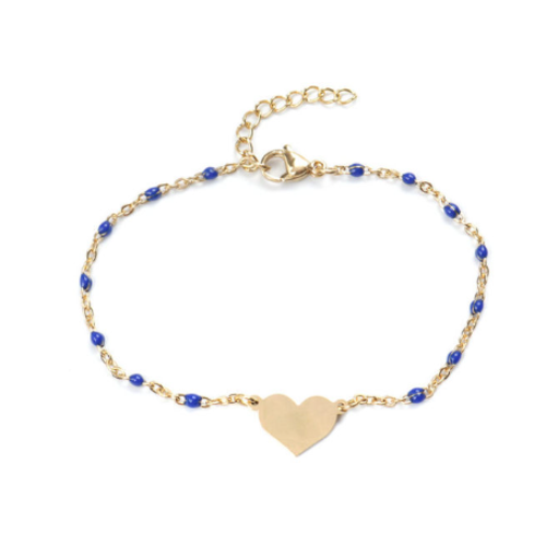 1 bracelet en acier inoxydable - perle bleu roi en résine - médaillon coeur 12 mm - couleur métal doré - r577