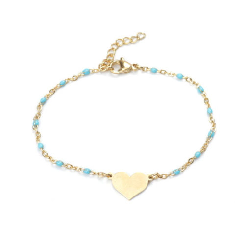 1 bracelet en acier inoxydable - perle bleu ciel en résine - médaillon coeur 12 mm - couleur métal doré - r580