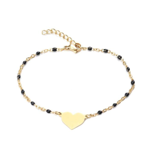 1 bracelet en acier inoxydable - perle noire en résine - médaillon coeur 12 mm - couleur métal doré - r578