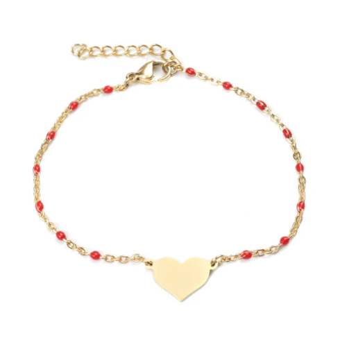 1 bracelet en acier inoxydable - perle rouge en résine - médaillon coeur 12 mm - couleur métal doré - r575