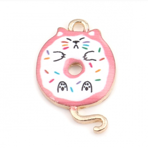 1 breloque - pendentif - donuts - chat kawaii - emaillé blanc et rose - métal doré - r427