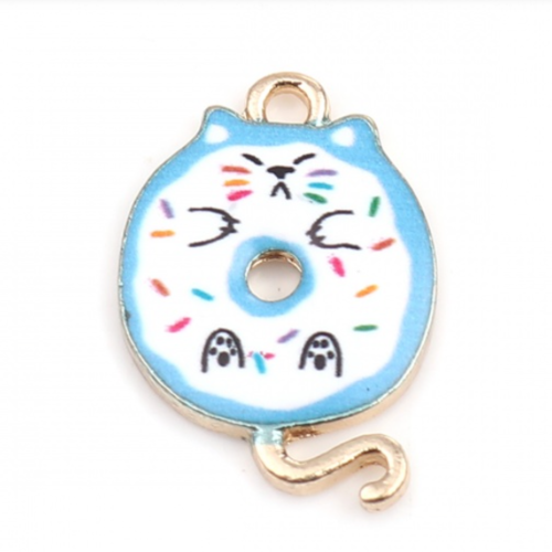 1 breloque - pendentif - donuts - chat kawaii - emaillé blanc et bleu - métal doré - r423