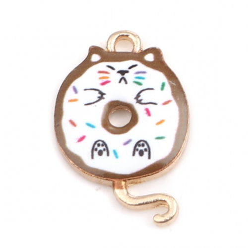 1 breloque - pendentif - donuts - chat kawaii - emaillé blanc et marron - métal doré - r425