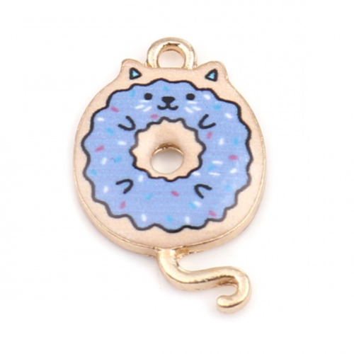 1 breloque - pendentif - donuts - chat kawaii - emaillé violet - métal doré - r426