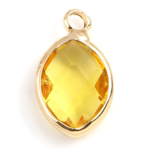 1 breloque - pendentif  marquise - perle en verre  - jaune - métal doré - r876