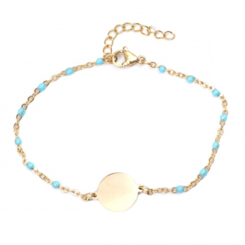 1 bracelet en acier inoxydable - perle bleu en résine -  médaillon 12 mm - couleur métal doré - r594