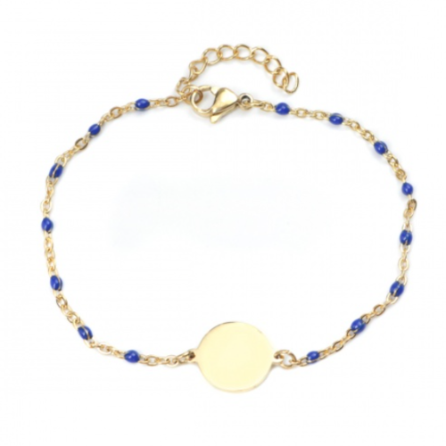 1 bracelet en acier inoxydable - perle bleu foncé en résine -  médaillon 12 mm - couleur métal doré - r591